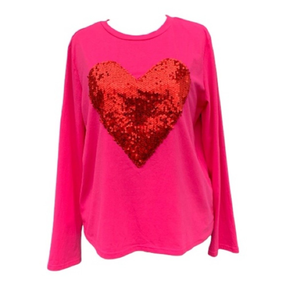 NWT Emory Rose Hot Pink Long Sleeve Cotton Blend Shirt Red Sequin Heart Size XL